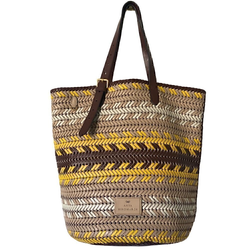 Anya Hindmarch Neeson Zigzag Cylinder Woven Leather‎ Tote Bag yellow tan brown